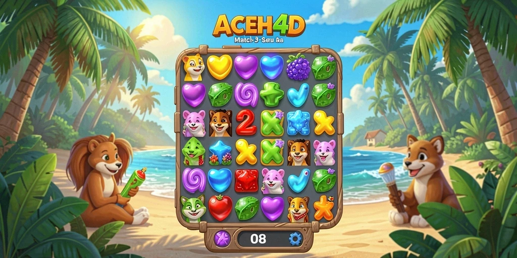 Tampilan gameplay ACEH4D dengan elemen Match-3 yang berwarna-warni.