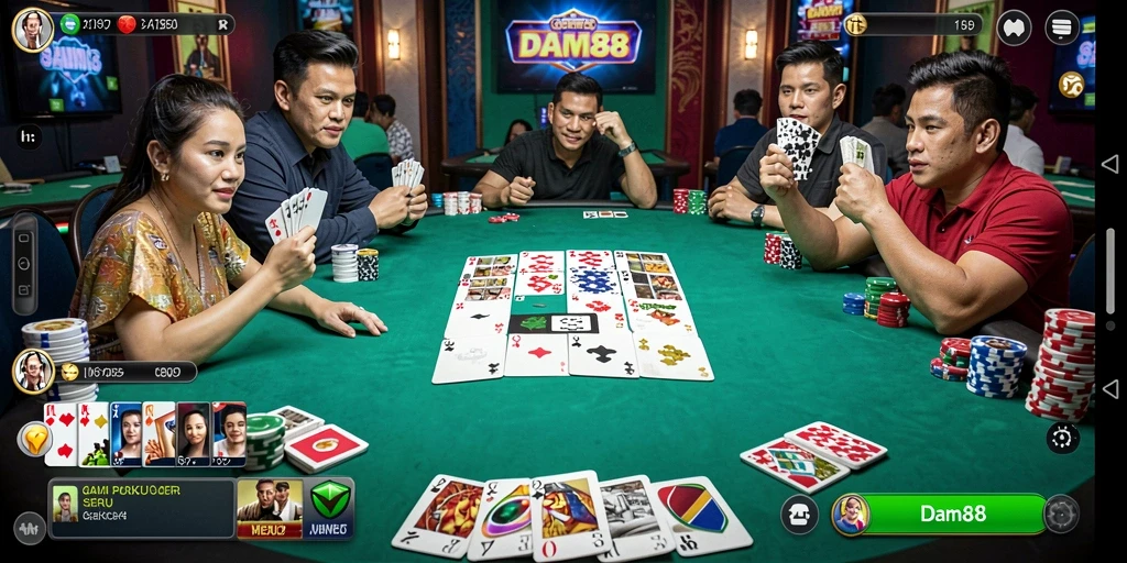 Screenshot gameplay DAM88 menampilkan aksi poker yang mendebarkan dan interaksi antar pemain.