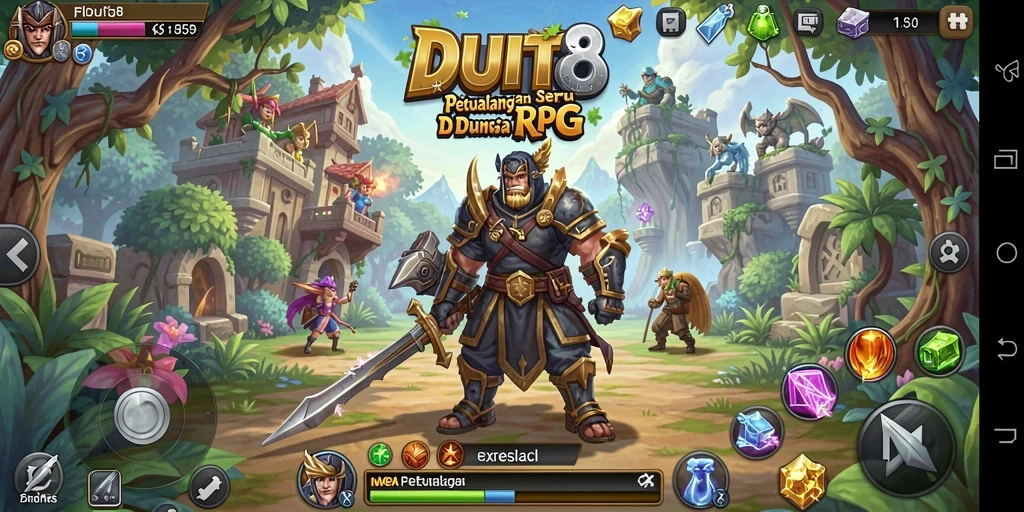 Tampilan gameplay utama DUIT8 yang penuh aksi dan petualangan RPG.