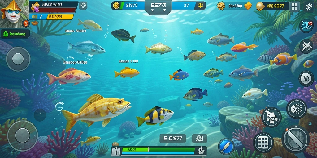 Screenshot menunjukkan gameplay seru dalam EOS77 saat menangkap ikan.