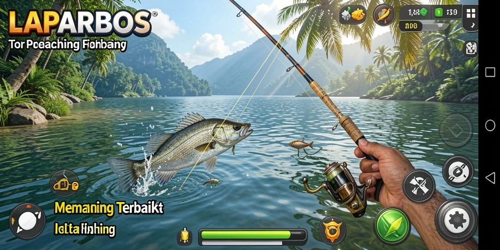Screenshot utama LAPARBOS menampilkan aksi memancing yang mendebarkan di lokasi yang indah.