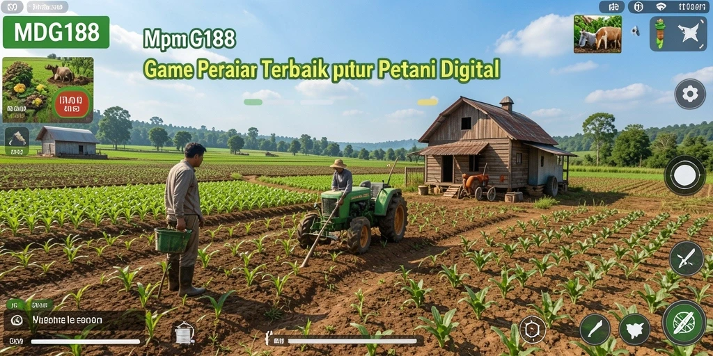 Screenshot gameplay MDG188 menunjukkan petani merawat tanaman dan hewan.