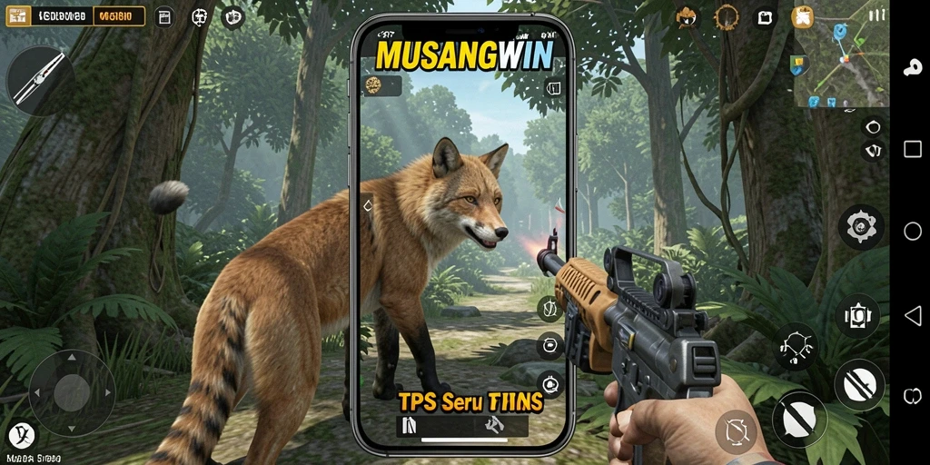 Tangkapan layar utama MUSANGWIN menampilkan aksi intens dalam permainan TPS.