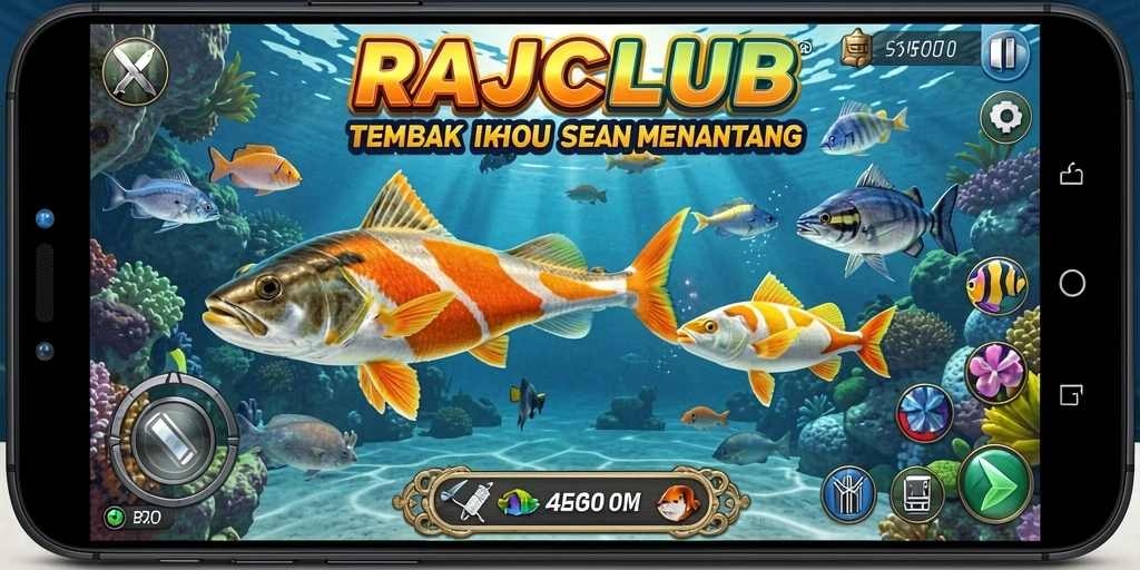 Tangkapan layar gameplay seru RAJACLUB dengan aksi Tembak Ikan.
