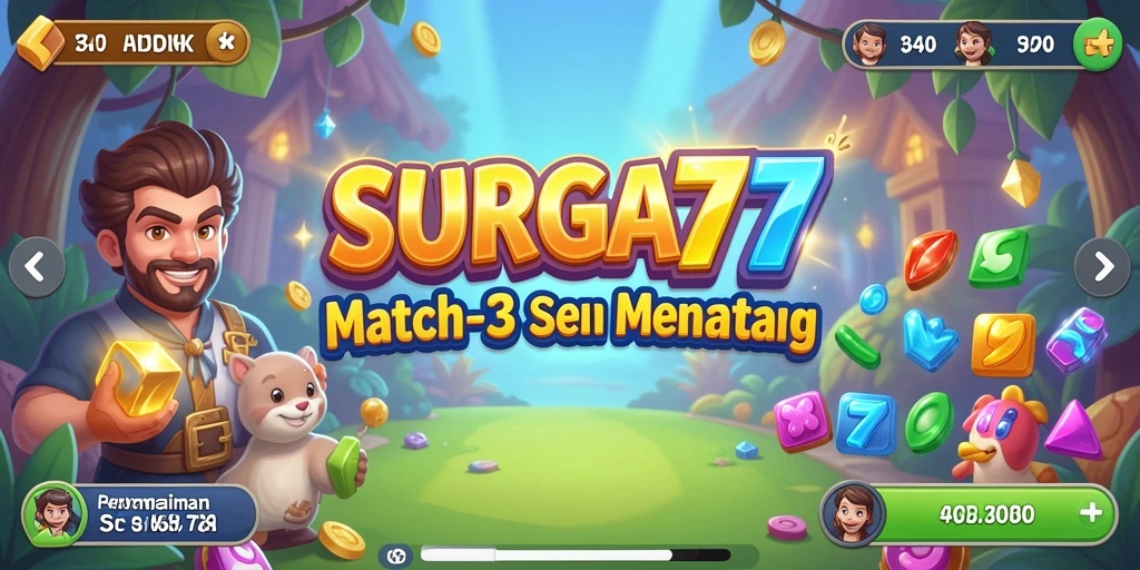 Tampilan gameplay SURGA77 yang penuh warna dalam permainan Match-3.